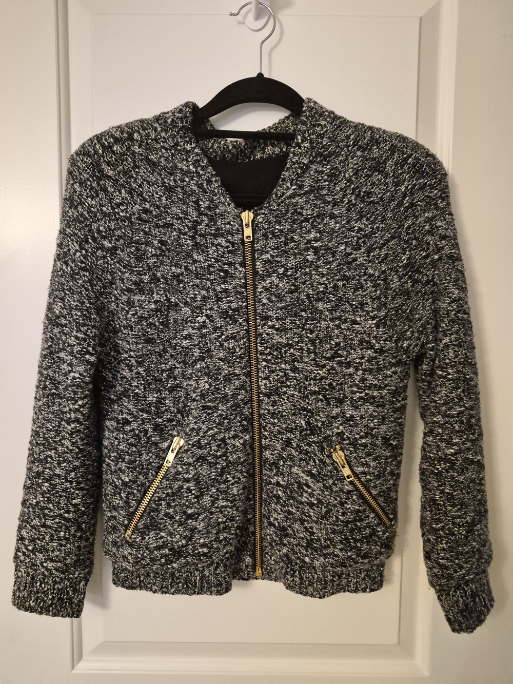 French Connection Black & White Marled Bomber Jacket with Gold Zippers